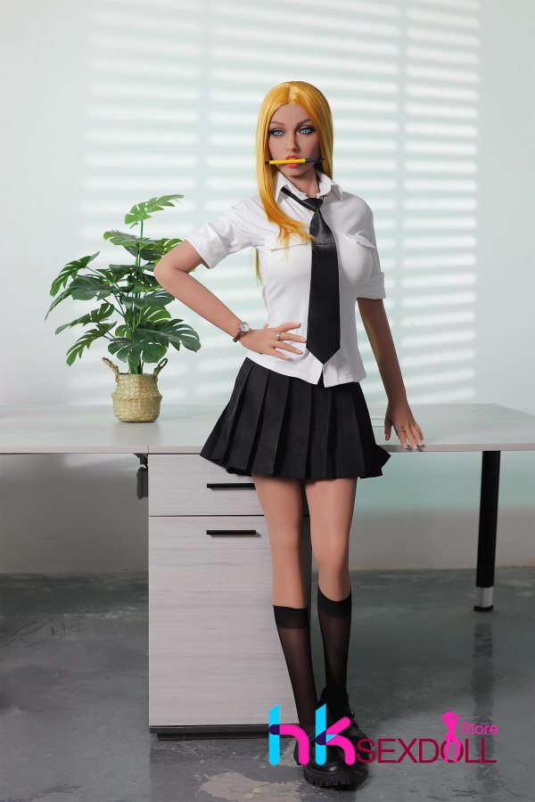 Long-legged blue-eyed teen sex doll courting in office - Image 9